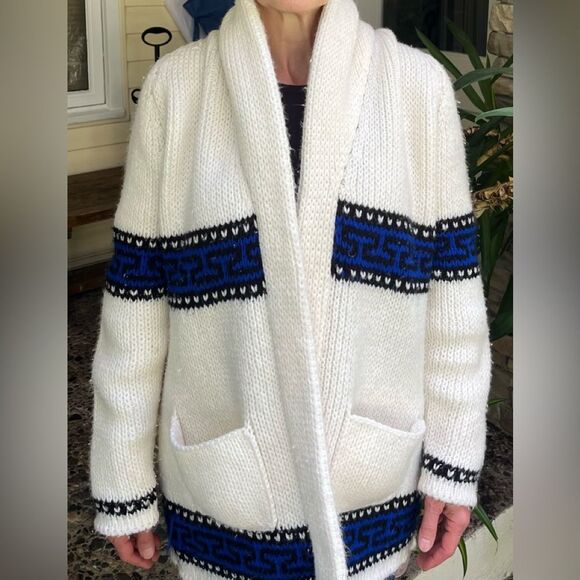 Handmade knitted cotton/acrylic blend cardigan, front pockets, belt closure,S/M - Picture 2 of 9